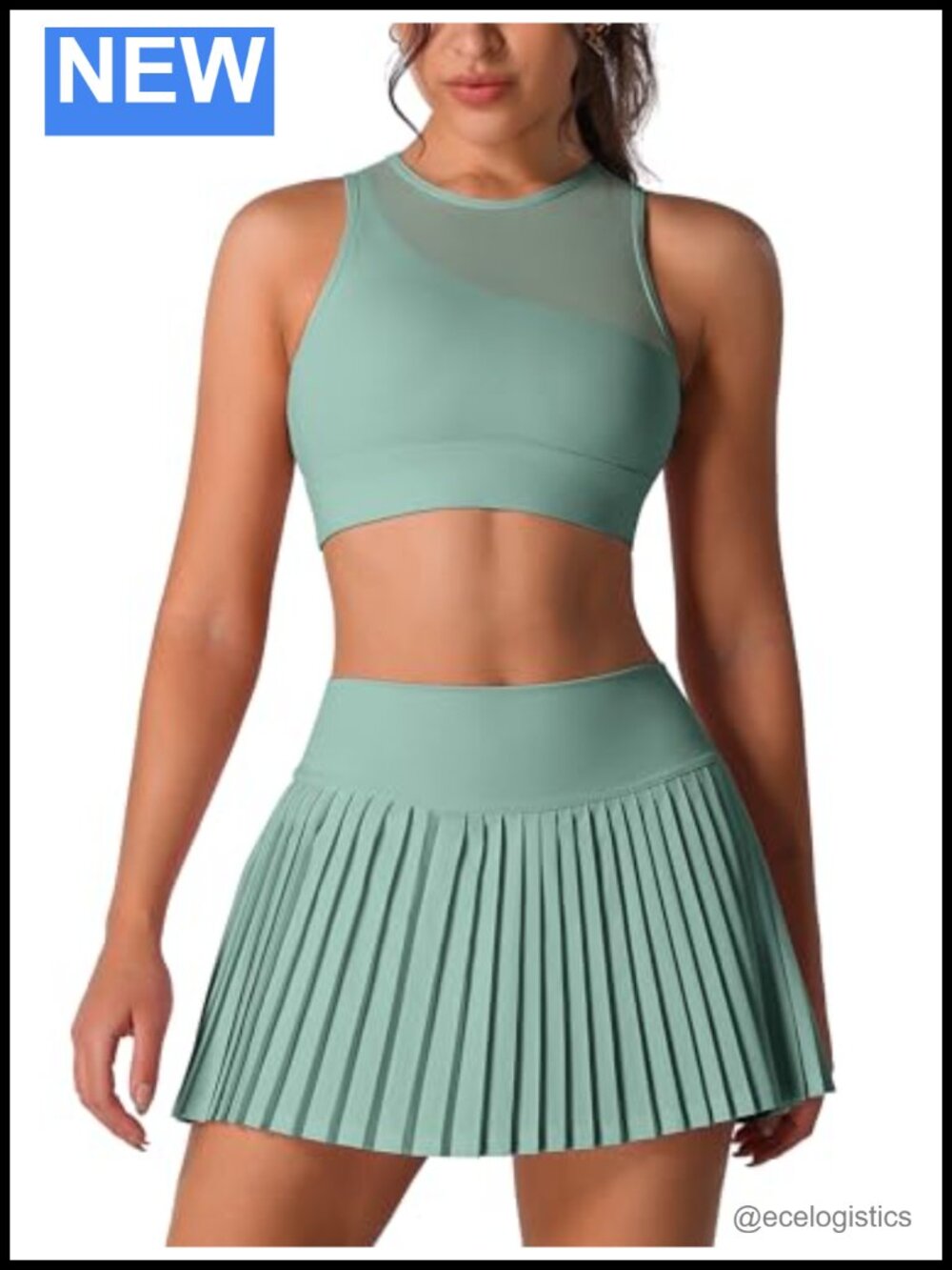 Two Piece Tennis Skirt Set Sleeveless Mesh Top Pleated Skirt with Shorts